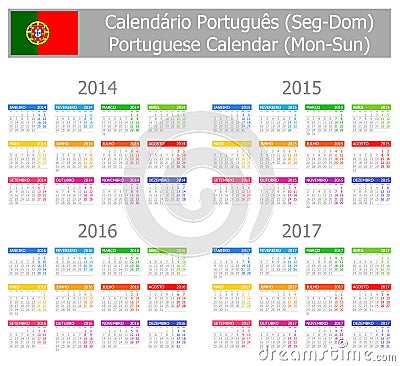 2014-2017 Type-1 Portuguese Calendar Mon-Sun Vector Illustration