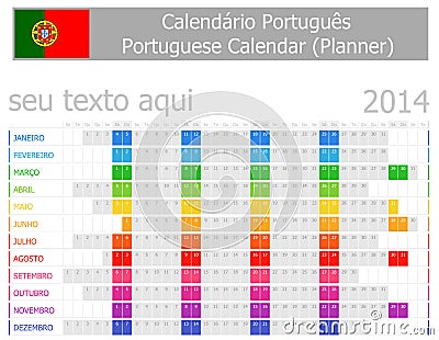 2014 Portugese Planner Calendar with Horizontal Months Vector Illustration