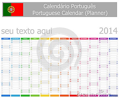 2014 Portugese Planner Calendar Vertical Months Vector Illustration