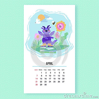 2024 Dragon Calendar. April. Spring season. Cute Dragon cartoon mascot character. Happy New Year of the Dragon. Vector Illustration