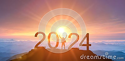 2024. New Year 2024, New Start motivation inspirational quote message on silhouette of winner man in sunset with arms up in Stock Photo