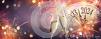 2024 New Year Celebration - Champagne And Clock For Countdown Stock Photo