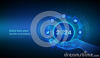 2024 New year Goals and plans icon in wireframe hand. Business plan and strategies. Goal acheiveement and success in 2024. Vector Illustration