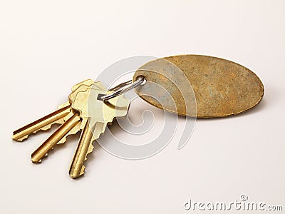 3 Gold Keys and blank keychain isolated Stock Photo