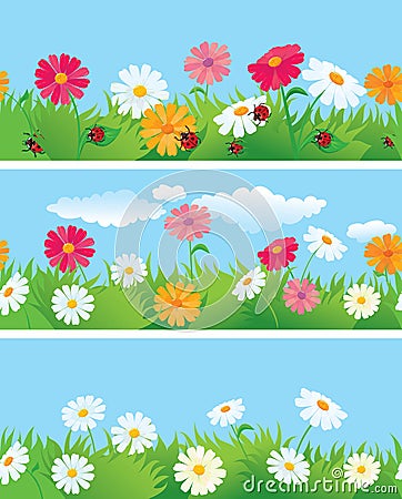 3 seamless borders with flowers and l Vector Illustration