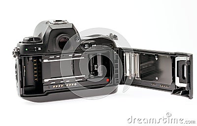 35mm camera with film door open Stock Photo