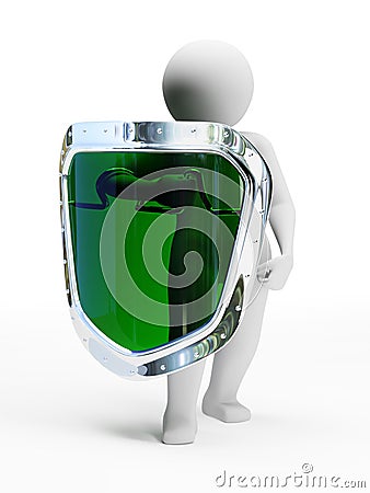 3d abstract security person with green shield Stock Photo