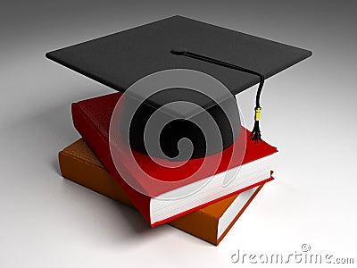3D Black Graduation Cap & Books Stock Photo