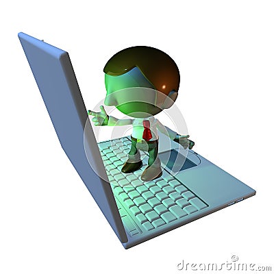 3d business man character standing on laptop Stock Photo