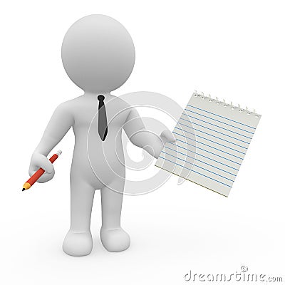 3D character holding spiral notepad and a pencil Stock Photo