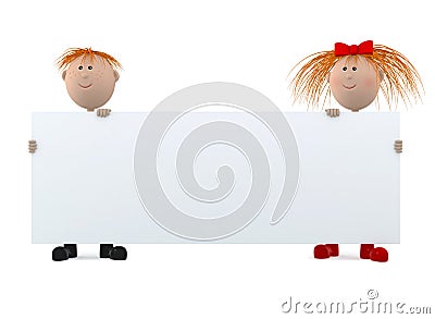 3d Children hold white board isolated on white Stock Photo