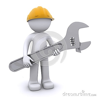 3D construction worker with adjustable wrench Stock Photo