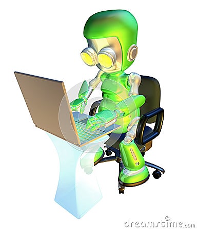 3d cute green robot character using laptop pc Cartoon Illustration