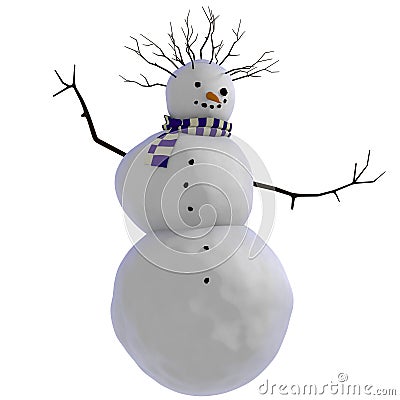 3D dancing snowman with purple and white striped scarf and twigs for afro haircut Cartoon Illustration