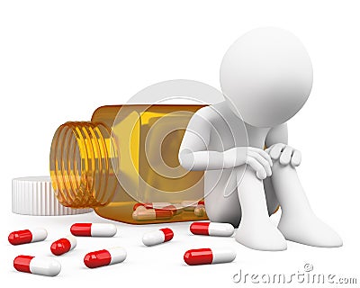 3D depressed man taking pills Stock Photo