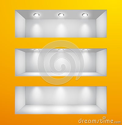 3d Empty shelves for exhibit in the wall Vector Illustration