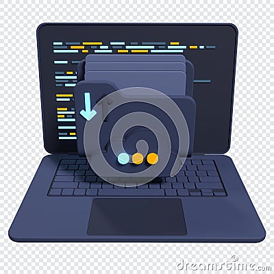3d file folder on laptop screen. Laptop and files. Document folder. Storage share data. 3d rendering illustration Cartoon Illustration