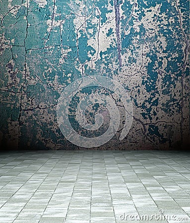 3d grunge interior, blue rusty wall Stock Photo