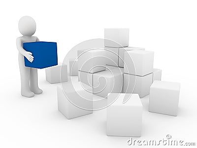 3d human cube box blue white Stock Photo