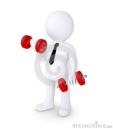 3d human with red dumbbells Stock Photo