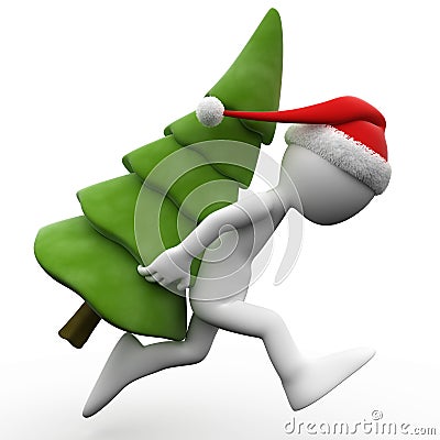 3D human running with a Christmas tree Stock Photo