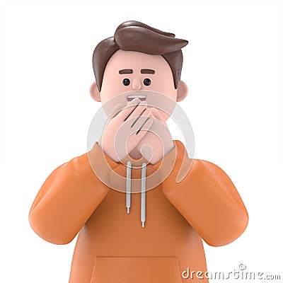 3D illustration of male guy Qadir covered mouth with hands.3D rendering on white background. Cartoon Illustration