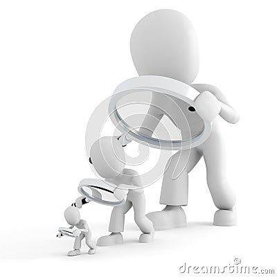 3d man holding a magnifier glass isolated on white Stock Photo