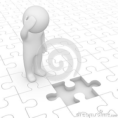 3d man looking at missing piece of puzzle Stock Photo