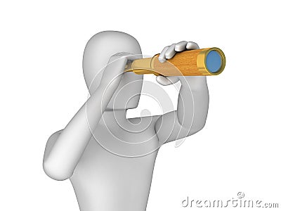 3D Man Looking Through in Spyglass Stock Photo