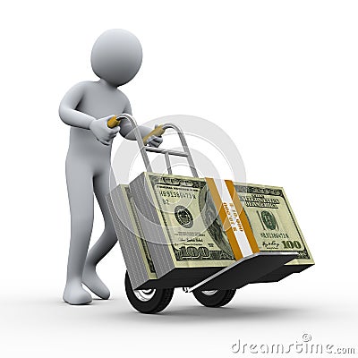 3d man with money hand truck Cartoon Illustration