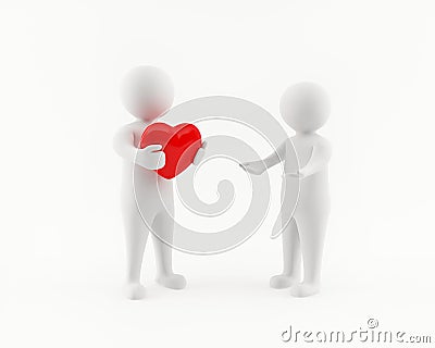 3D man offering a red heart to a woman Stock Photo