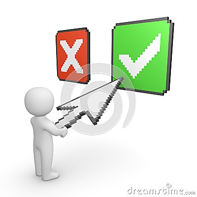 3d man pointing pixelated arrow on check mark Stock Photo