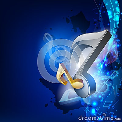 3D music notes on blue wave background. Vector Illustration