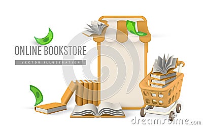3d online bookstore. Smartphone books. Modern online shopping, application for smartphone. Vector illustration Vector Illustration