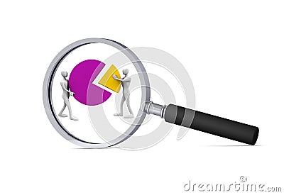 3d persons with a pie chart in the magnifier Stock Photo