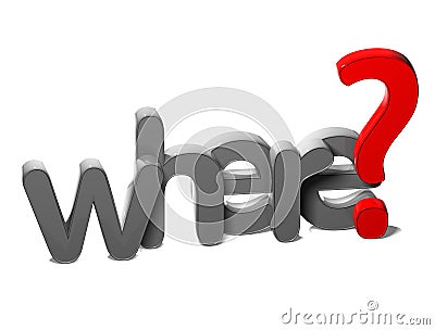 3D Question Word Where on white background Stock Photo