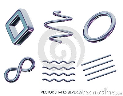 3D realistic render silver figures. Grey, platinum metallic design objects. Vector decorative geometric shapes. Spiral Vector Illustration