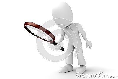 3d red man holding a magnifier glass Stock Photo