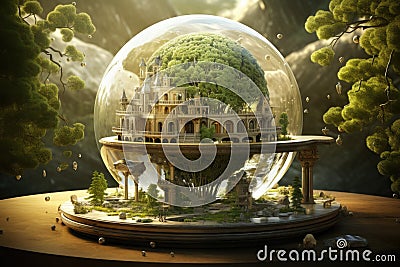 3d render of fantasy landscape with fantasy castle in crystal ball, Copyrighted Material, Intellectual Property Copyright, AI Stock Photo