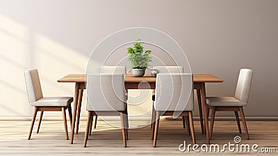 3D render set of 4 empty blank picture frames on warm beige wall with wooden dining table with contemporary vintage chairs and Stock Photo