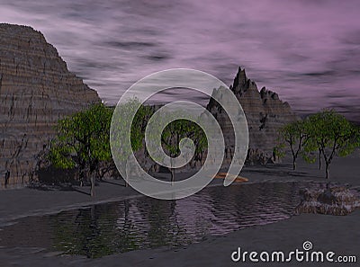 3d Rendered Night Desert Lake Stock Photo