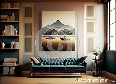 3d rendering interior of a living room with a poster on the wall Stock Photo