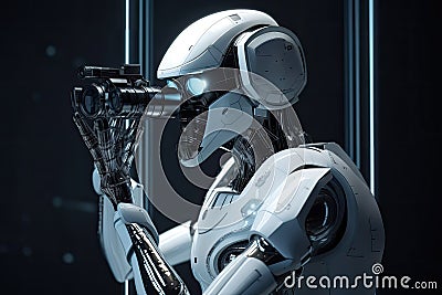 3d rendering robot or cyborg working in virtual space, artificial intelligence concept, A Futuristic robot astronomer with a Stock Photo
