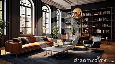 3d Rendering Of Urban Industrial Living Room With Leather Furniture Stock Photo