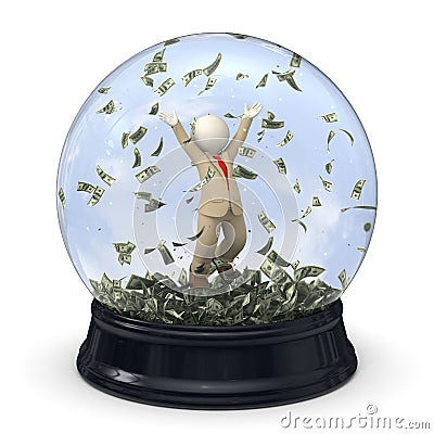 3d rich business man in snow globe - Money rain Stock Photo