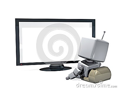 3D robot alone in front of the TV Stock Photo