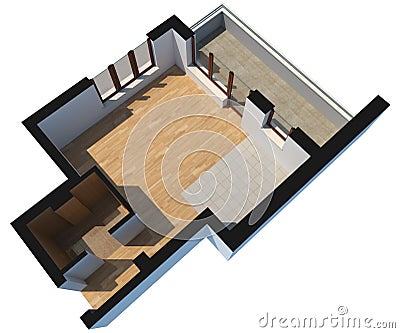 3D sectioned empty apartment with clipping path Stock Photo