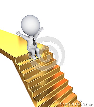 3d small person sitting on a golden stairs. Stock Photo