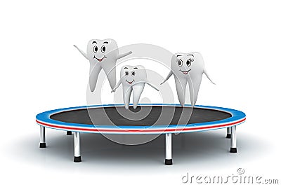 3d smiling Tooth family jumping on trampoline Stock Photo