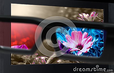 3D television. Glasses 3d in front of TV. Stock Photo